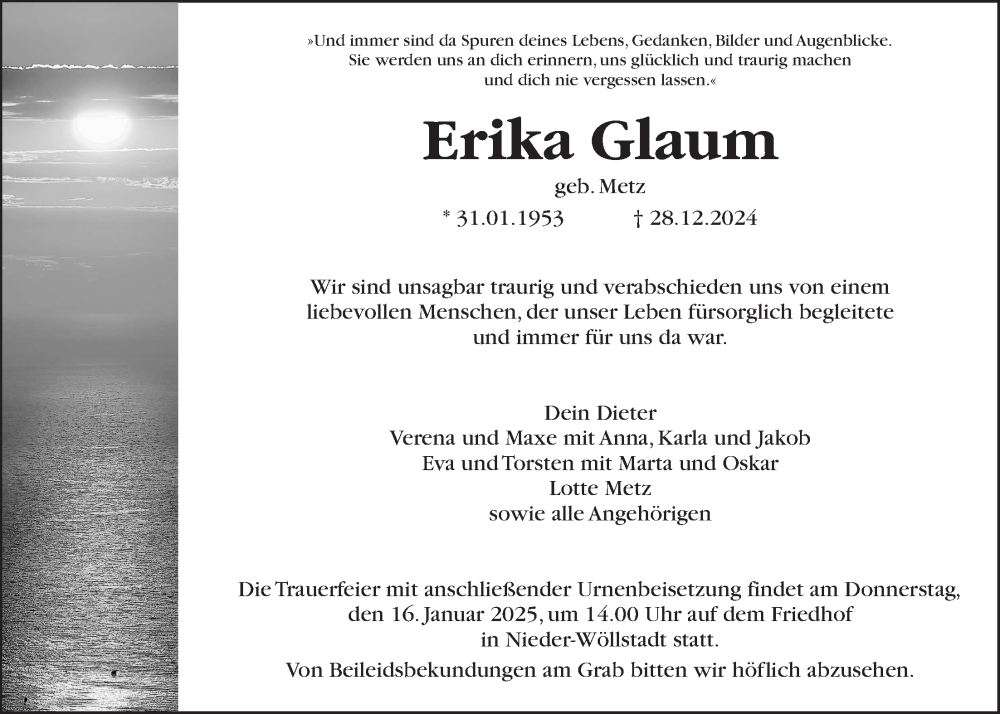  Traueranzeige für Erika Glaum vom 11.01.2025 aus Wetterauer Zeitung