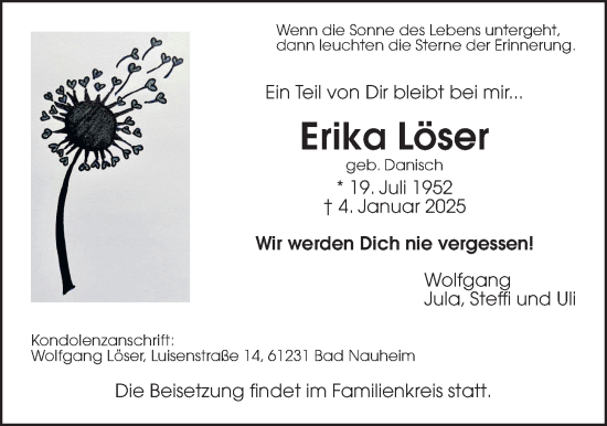 Traueranzeige von Erika Löser von Wetterauer Zeitung