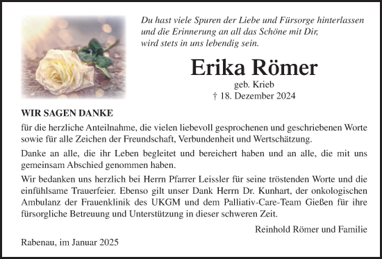 Traueranzeige von Erika Römer von Giessener Allgemeine, Alsfelder Allgemeine, Rabenauer Zeitung