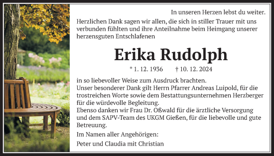 Traueranzeige von Erika Rudolph von Giessener Anzeiger