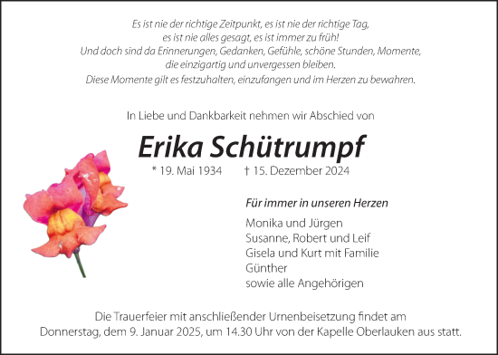Traueranzeige von Erika Schütrumpf von Usinger Anzeigenblatt, Usinger Anzeiger