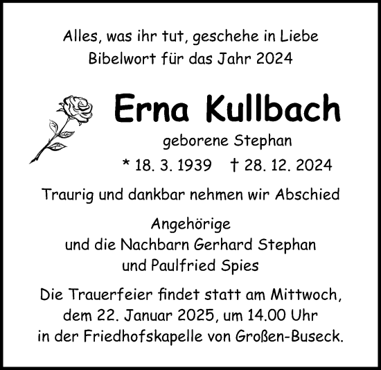 Traueranzeige von Erna Kullbach von Giessener Anzeiger, Giessener Allgemeine, Alsfelder Allgemeine