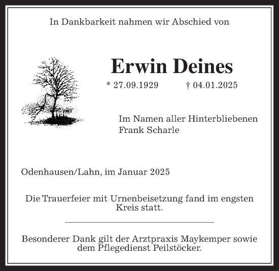 Traueranzeige von Erwin Deines von Giessener Allgemeine, Alsfelder Allgemeine