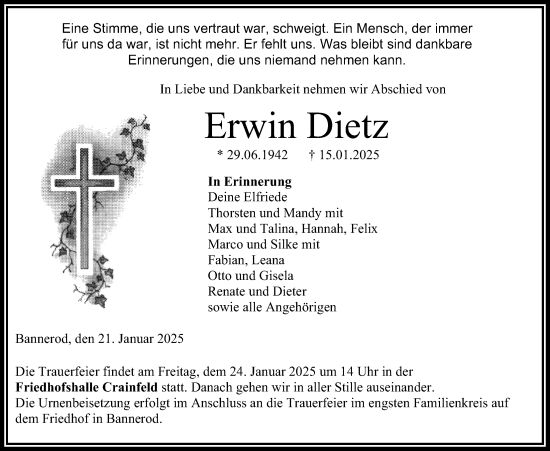 Traueranzeige von Erwin Dietz von Lauterbacher Anzeiger