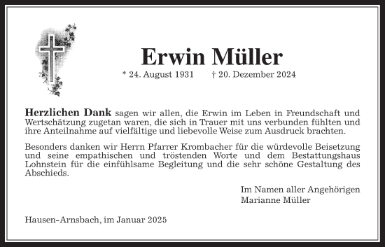 Traueranzeige von Erwin Müller von Usinger Anzeiger