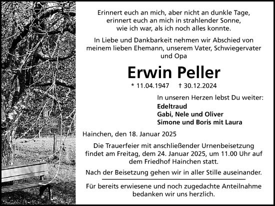 Traueranzeige von Erwin Peller von Kreis-Anzeiger