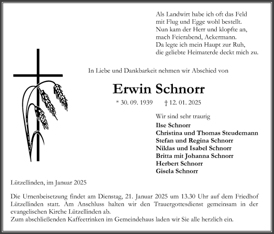 Traueranzeige von Erwin Schnorr von Giessener Anzeiger