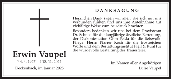 Traueranzeige von Erwin Vaupel von Oberhessische Zeitung, Alsfelder Allgemeine