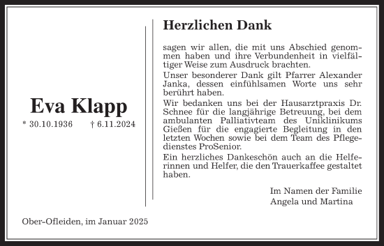 Traueranzeige von Eva Klapp von Oberhessische Zeitung, Alsfelder Allgemeine