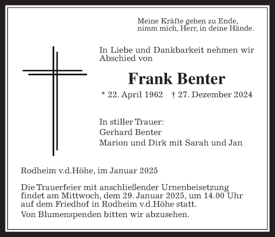 Traueranzeige von Frank Benter von Wetterauer Zeitung