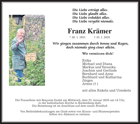 Traueranzeige von Franz Krämer von Butzbacher Zeitung