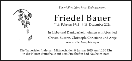 Traueranzeige von Friedel Bauer von Wetterauer Zeitung