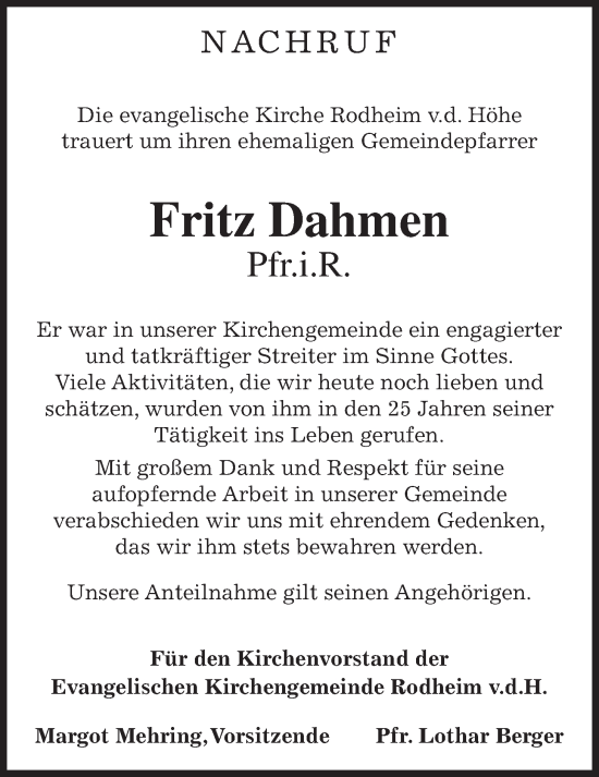 Traueranzeige von Fritz Dahmen von Wetterauer Zeitung