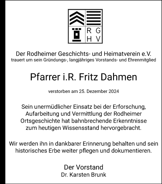 Traueranzeige von Fritz Dahmen von Wetterauer Zeitung