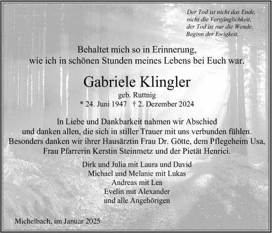 Traueranzeige von Gabriele Klingler von Usinger Anzeiger
