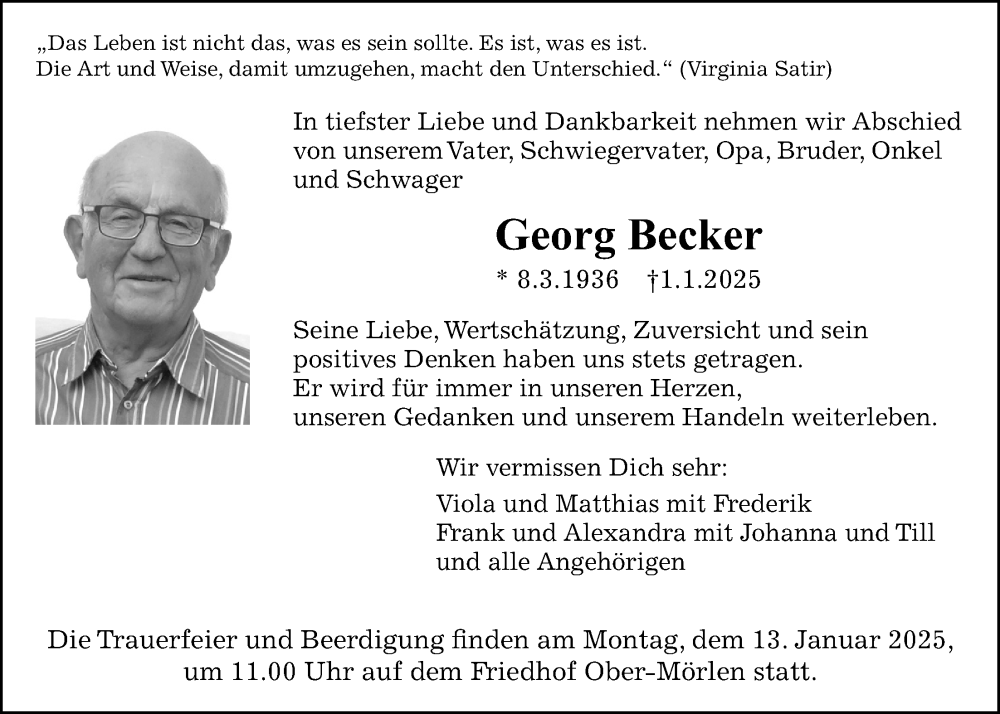  Traueranzeige für Georg Becker vom 07.01.2025 aus Wetterauer Zeitung
