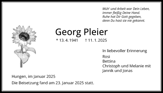 Traueranzeige von Georg Pleier von Licher Wochenblatt