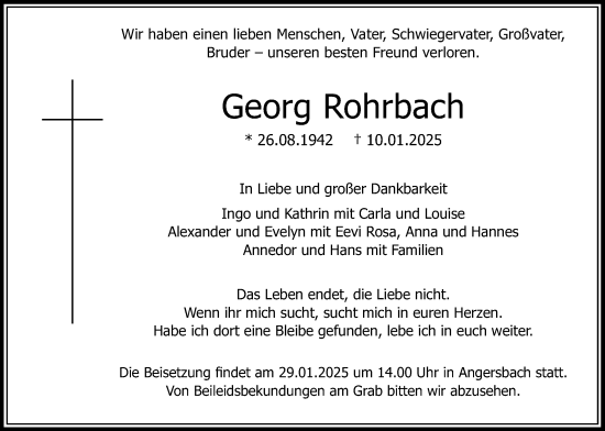 Traueranzeige von Georg Rohrbach von Oberhessische Zeitung, Lauterbacher Anzeiger