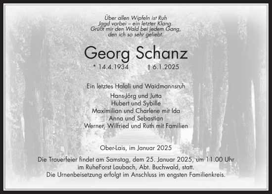 Traueranzeige von Georg Schanz von Kreis-Anzeiger