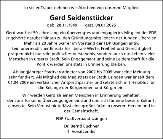 Traueranzeige von Gerd Seidenstücker von Usinger Anzeigenblatt