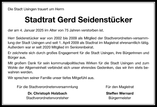 Traueranzeige von Gerd Seidenstücker von Usinger Anzeigenblatt