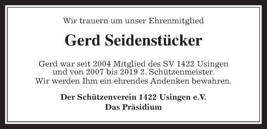 Traueranzeige von Gerd Seidenstücker von Usinger Anzeiger, Usinger Anzeigenblatt