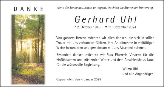 Traueranzeige von Gerhard Uhl von Butzbacher Zeitung