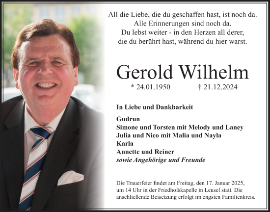 Traueranzeige von Gerold Wilhelm von Oberhessische Zeitung, 