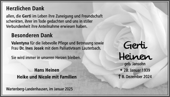 Traueranzeige von Gerti Heinen von Lauterbacher Anzeiger
