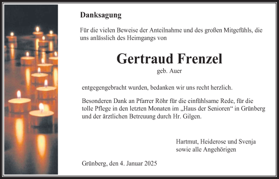 Traueranzeige von Gertraud Frenzel von Giessener Allgemeine, Alsfelder Allgemeine