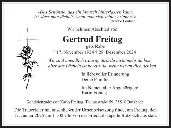 Traueranzeige von Gertrud Freitag von Butzbacher Zeitung