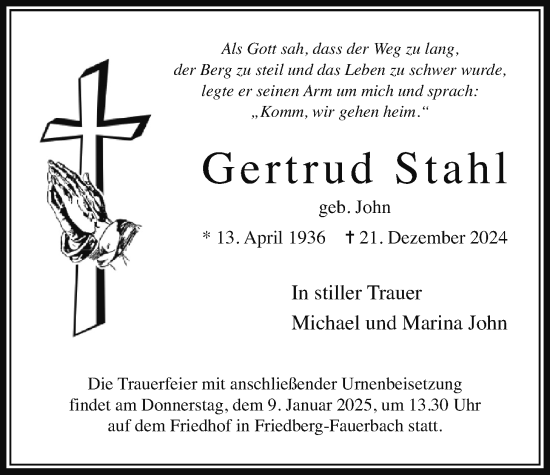 Traueranzeige von Gertrud Stahl von Wetterauer Zeitung
