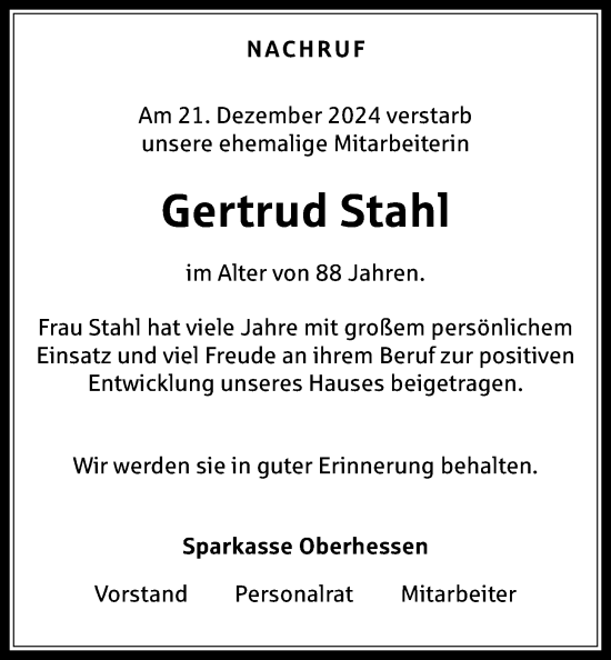 Traueranzeige von Gertrud Stahl von Wetterauer Zeitung