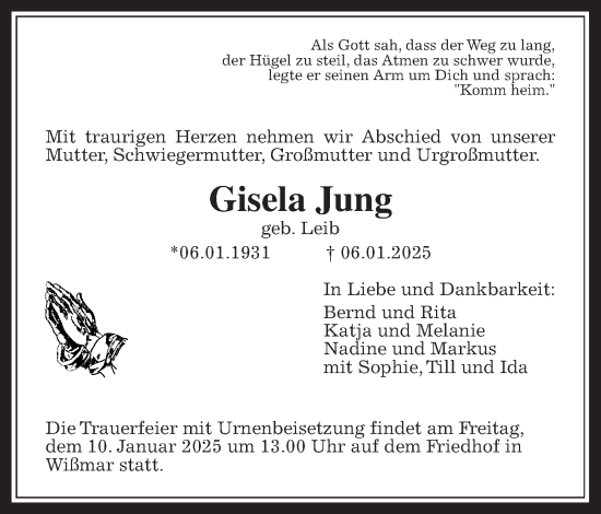 Traueranzeige von Gisela Jung von Giessener Anzeiger, Giessener Allgemeine, Alsfelder Allgemeine