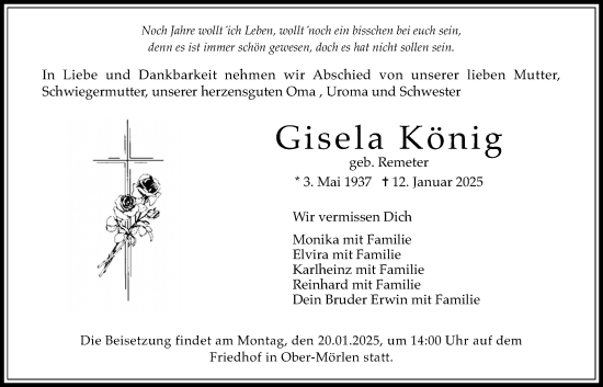 Traueranzeige von Gisela König von Wetterauer Zeitung, Butzbacher Zeitung