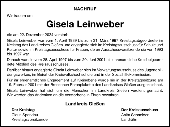 Traueranzeige von Gisela Leinweber von Giessener Anzeiger, Giessener Allgemeine, Alsfelder Allgemeine