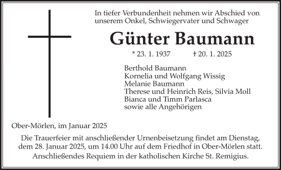Traueranzeige von Günter Baumann von Wetterauer Zeitung, Butzbacher Zeitung
