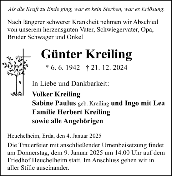 Traueranzeige von Günter Kreiling von Giessener Allgemeine, Alsfelder Allgemeine