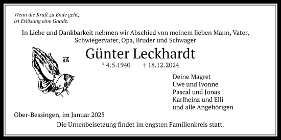 Traueranzeige von Günter Leckhardt von Licher Wochenblatt