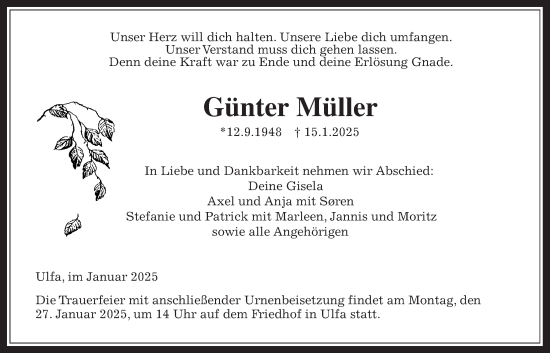 Traueranzeige von Günter Müller von Kreis-Anzeiger