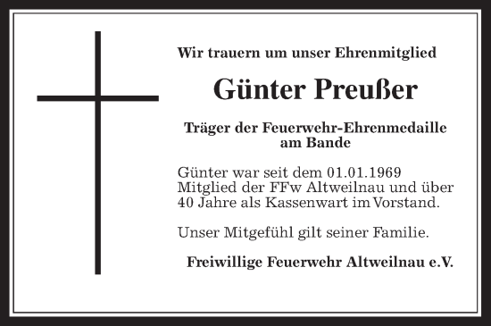 Traueranzeige von Günter Preußer von Usinger Anzeiger