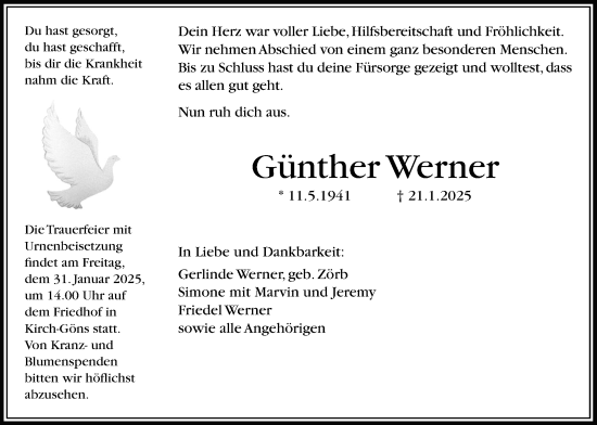 Traueranzeige von Günther Werner von Butzbacher Zeitung