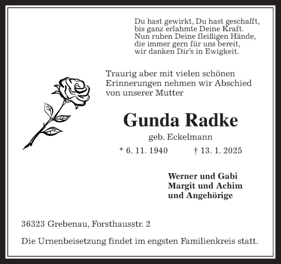 Traueranzeige von Gunda Radke von Oberhessische Zeitung