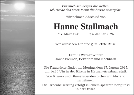 Traueranzeige von Hanne Stallmach von Usinger Anzeiger, Usinger Anzeigenblatt