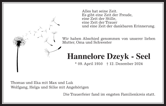 Traueranzeige von Hannelore Dzeyk-Seel von Pohlheimer Nachrichten