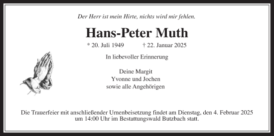 Traueranzeige von Hans-Peter Muth von Butzbacher Zeitung