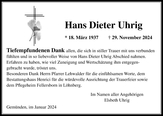 Traueranzeige von Hans Dieter Uhrig von Usinger Anzeiger