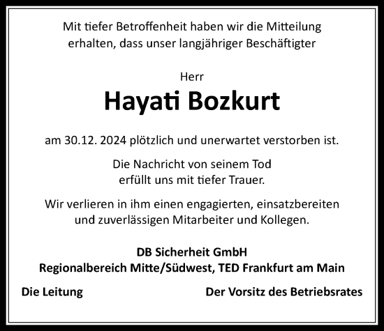 Traueranzeige von Hayati Bozkurt von Wetterauer Zeitung
