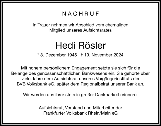 Traueranzeige von Hedi Rösler von Bad Vilbel/Karben