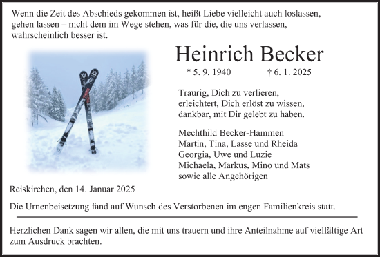 Traueranzeige von Heinrich Becker von Giessener Allgemeine, Alsfelder Allgemeine